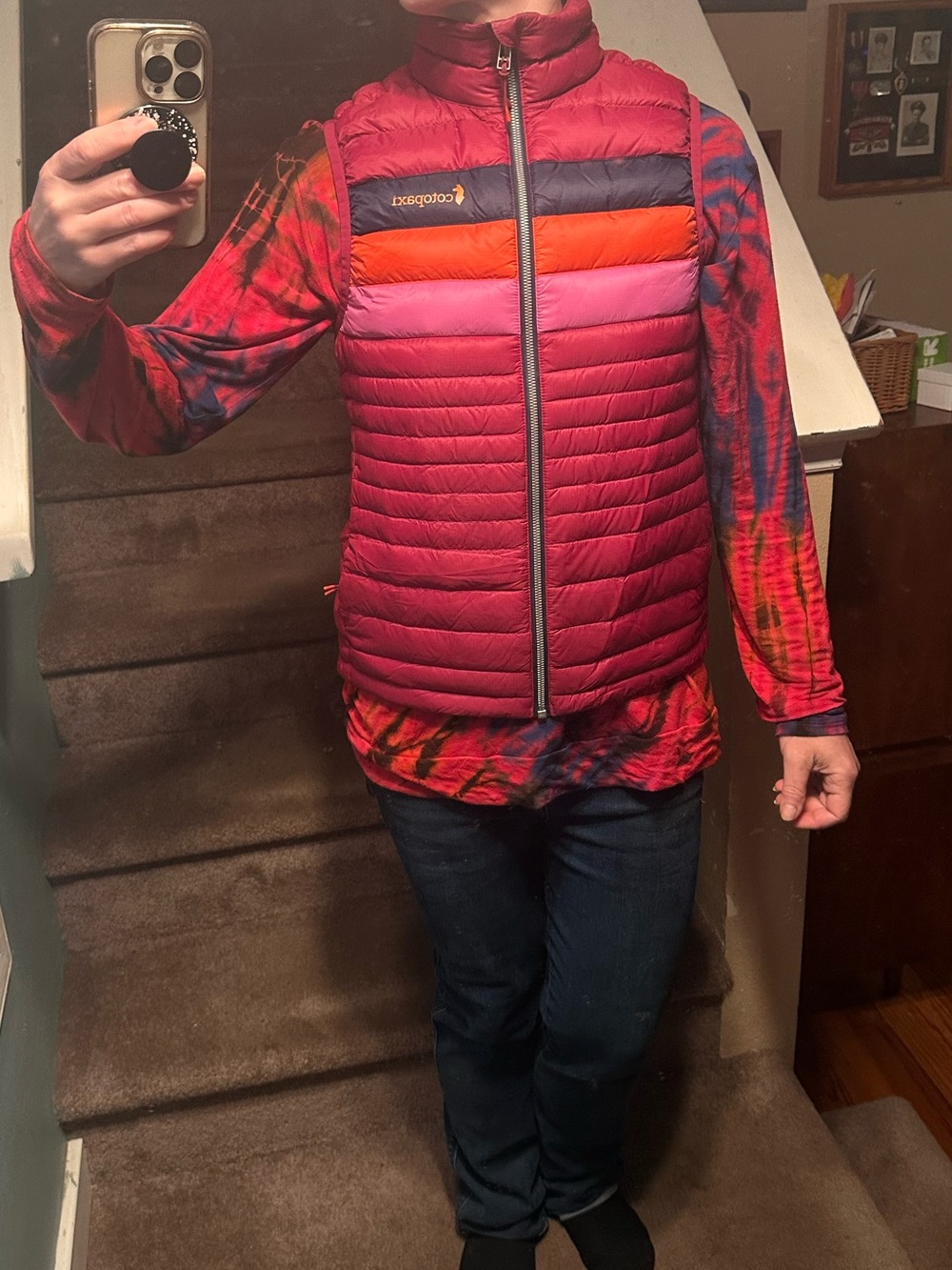 cotopaxi Women's Colorblock Puffer Vest in Magenta, Orange & Navy